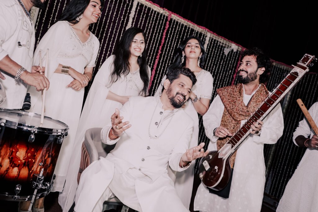 "Bride and groom taking saat pheras with live traditional music by Mangal Naad Band"